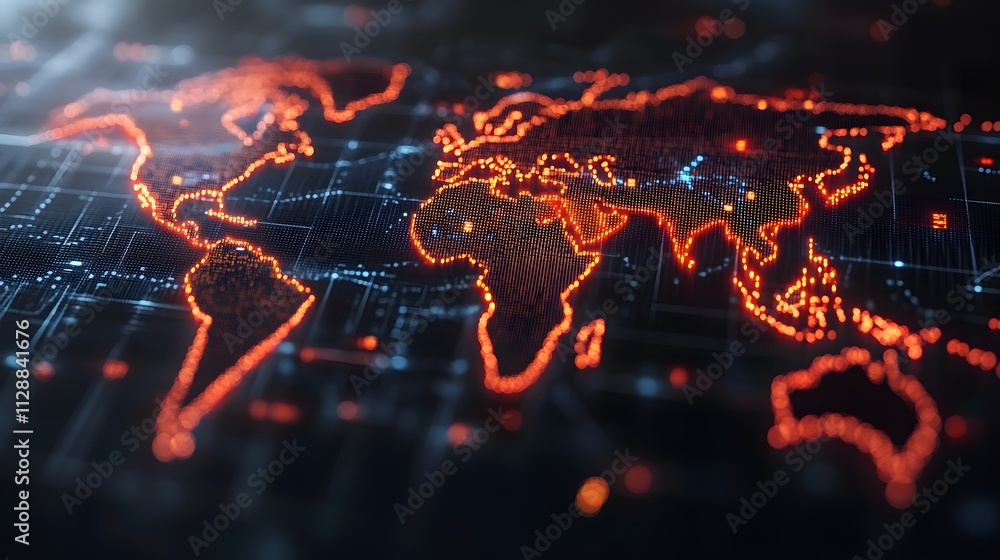 Glowing digital world map with data streams. Glowing digital world map with data streams.