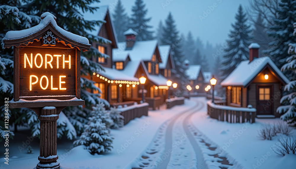 Fototapeta premium Charming North Pole sign with a snowy village illuminated at twilight
