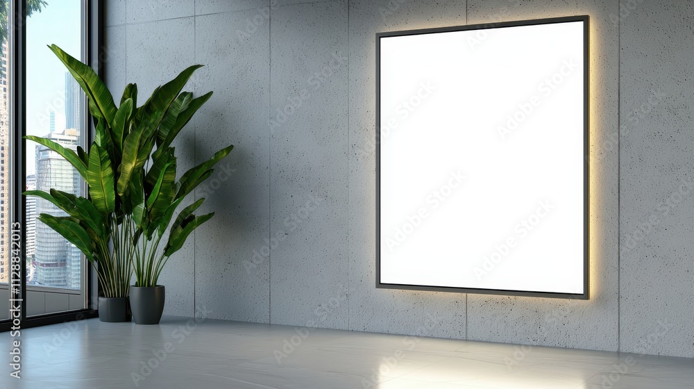 Modern Interior with Blank Frame and Indoor Plant in Urban Setting Modern Interior with Blank Frame and Indoor Plant in Urban Setting