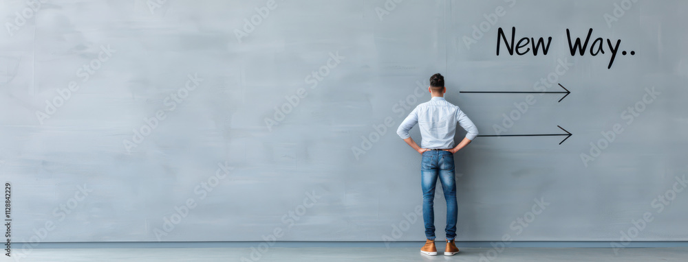 Fototapeta premium Man Facing Two Arrows New Way Decision Choice Future