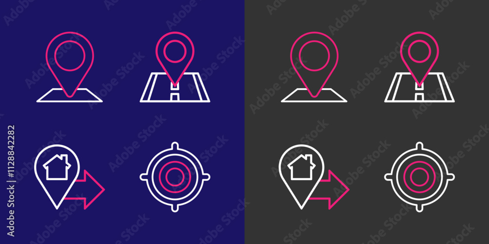 Set line Target sport, Location with house, and icon. Vector Set line Target sport, Location with house, and icon. Vector