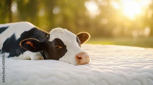 dairy cow lying on thick white memory foam mattress photo