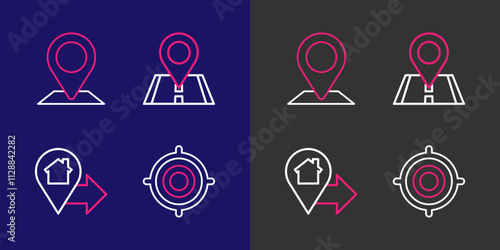 Set line Target sport, Location with house, and icon. Vector