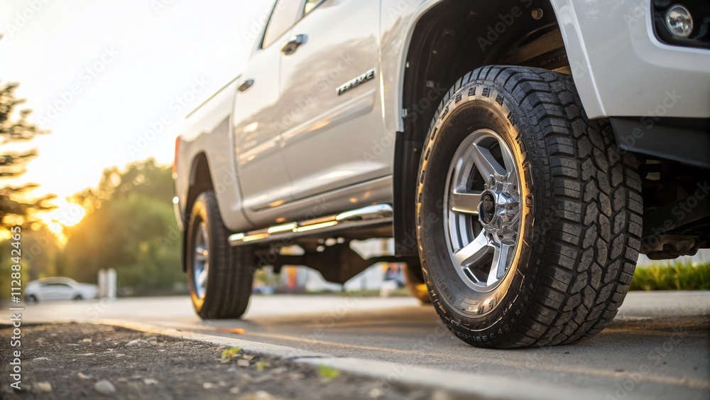 Close-Up of a New Pickup Truck Rear Tire with a Clean Underbody Chassis Showcasing the Bokeh Effect for Automotive Enthusiasts and Factory Fresh Vehicle Details
