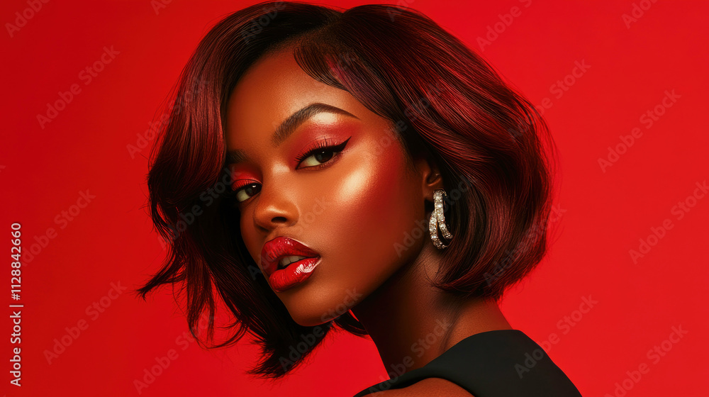 Fototapeta premium Classic beauty pose with modern flair showcasing vivid hair against a mocha mousse backdrop