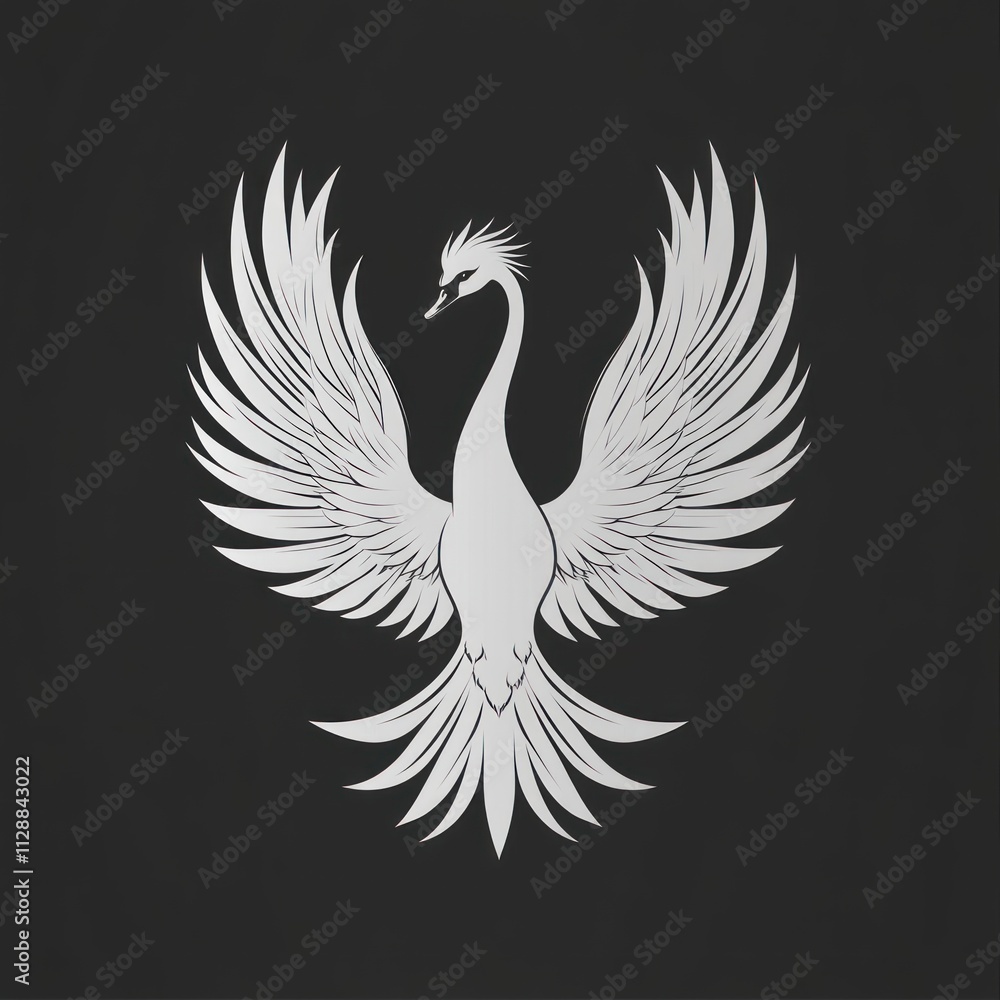 Obraz premium Elegant silver swan with wings spread wide, isolated on black background.