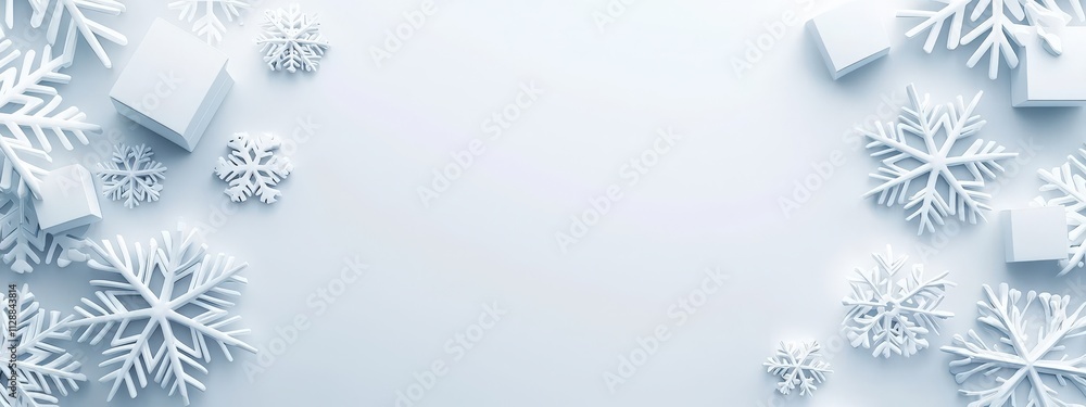 A white background with snowflakes and boxes A white background with snowflakes and boxes