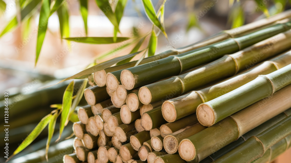 Obraz premium A close-up view of neatly stacked bamboo poles, showcasing their smooth texture and vibrant green color, framed by lush bamboo leaves.