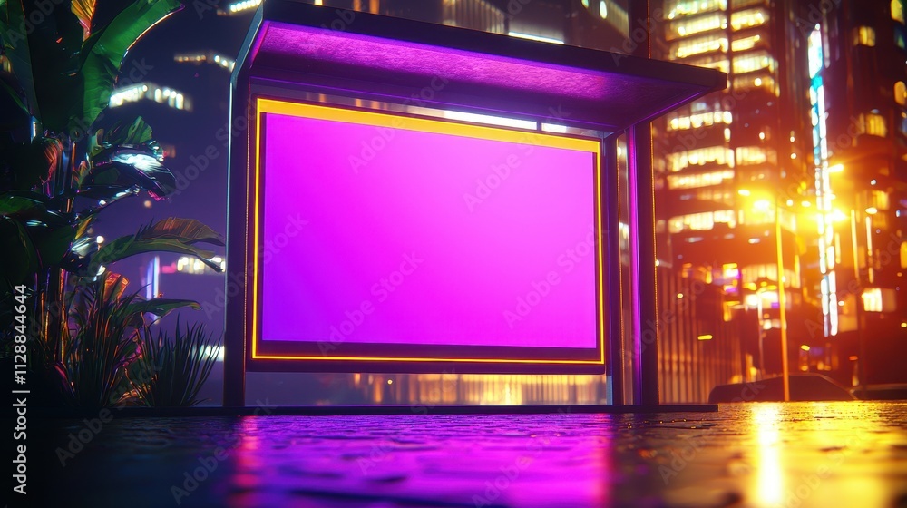 Futuristic Urban Setting with Blank Neon Display in City Environment Futuristic Urban Setting with Blank Neon Display in City Environment