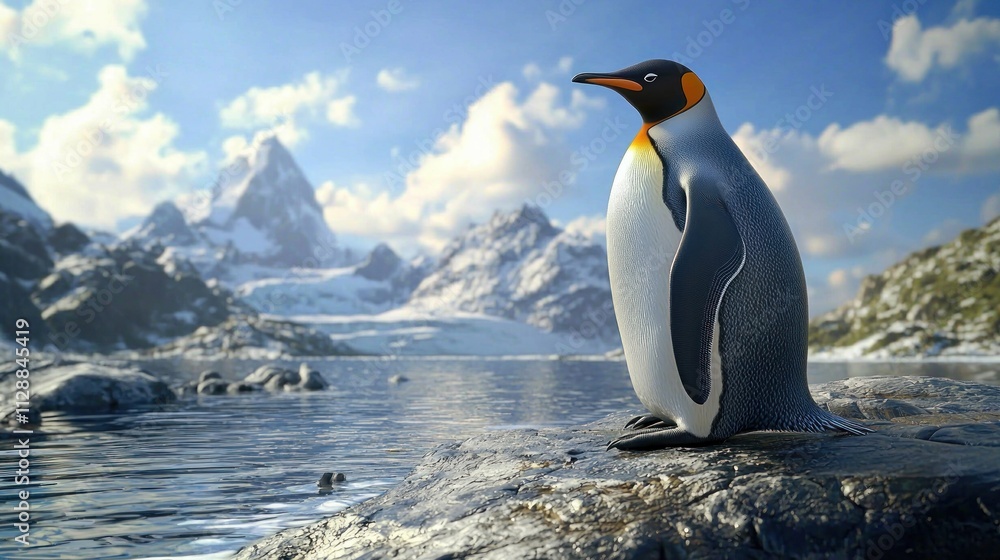 Fototapeta premium Majestic King Penguin by Antarctic Waters Mountain View