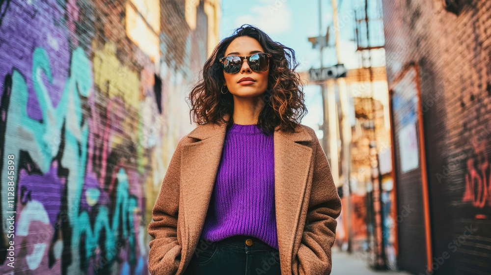 Artistic woman in mocha mousse coat explores vibrant art district at twilight Artistic woman in mocha mousse coat explores vibrant art district at twilight