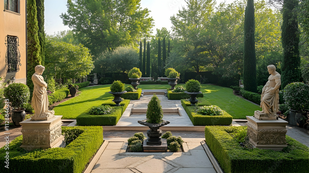 Fototapeta premium Florence Italian Renaissance garden with stone statues and terraced hedges, historic cultural haven