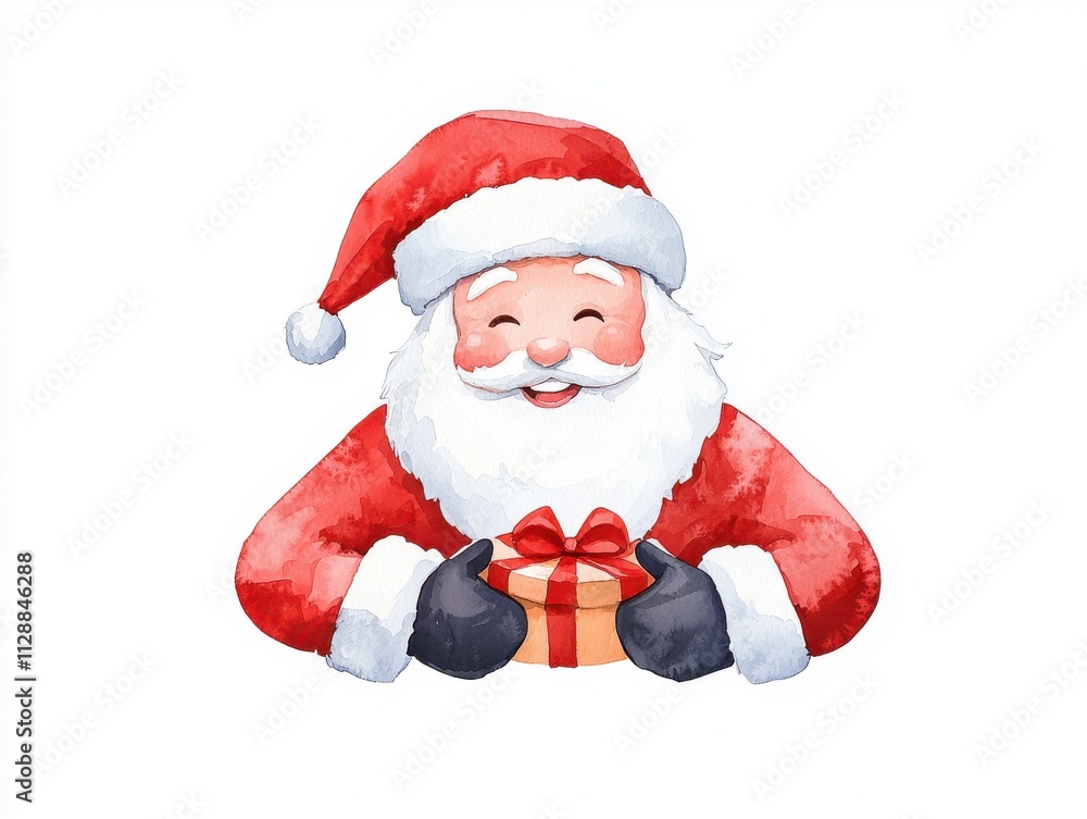 Cheerful Santa Claus Holding a Gift in Red Suit with White Fur Trim and Black Gloves on a White Background Cheerful Santa Claus Holding a Gift in Red Suit with White Fur Trim and Black Gloves on a White Background