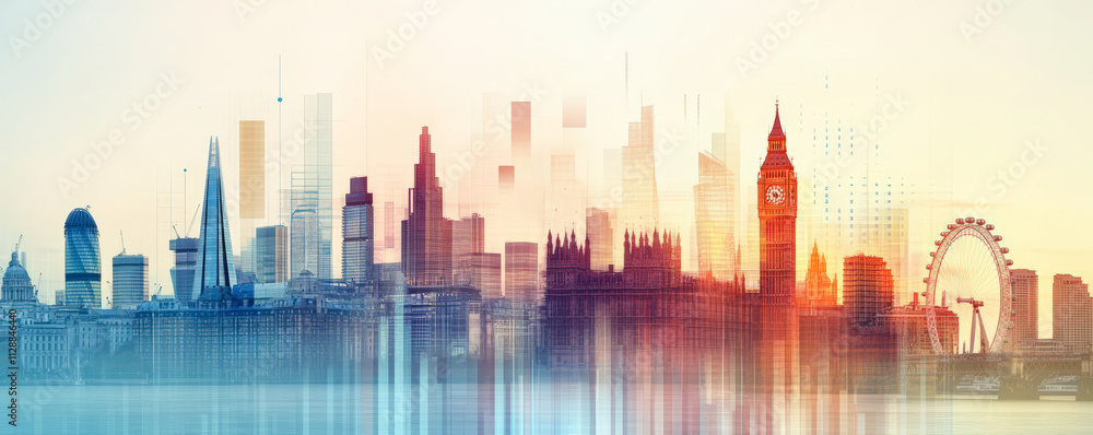 A digital illustration of London's skyline with a Bitcoin symbol, blending modern architecture with financial technology in a vibrant, abstract style.