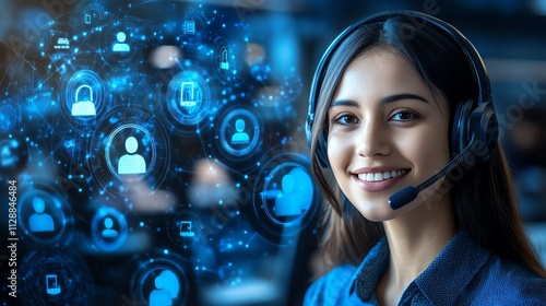 Aerial view of a bustling customer service team selective focus on teamwork realistic Multilayer with communication flow