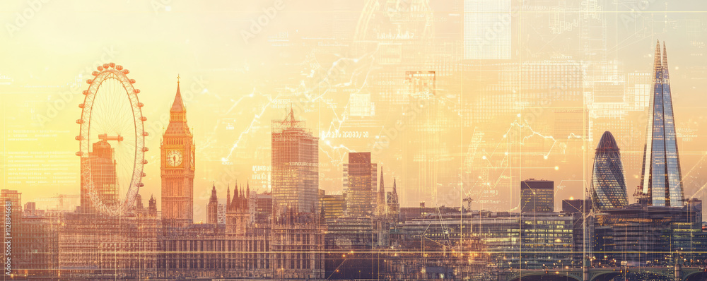 Obraz premium London skyline at sunset with digital financial symbols overlay, showcasing the city's blend of iconic architecture and modern financial technology.