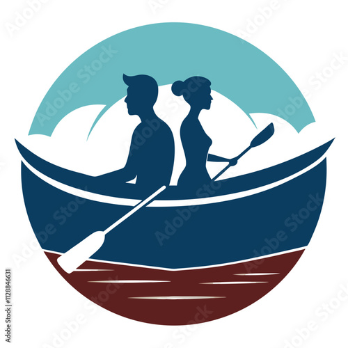 couple in a rowboat Silhouette with  Retro Vintage Background Vector Art Illustration T-shirt Design Art