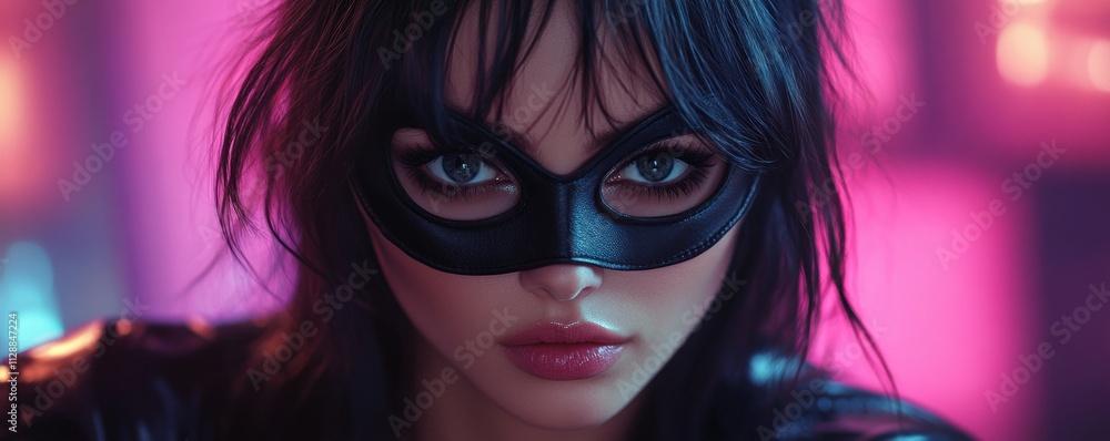 Mysterious woman in black cat mask with intense gaze Mysterious woman in black cat mask with intense gaze
