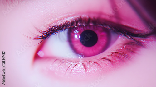 A captivating close-up of an eye with soft pink hues around it. photo