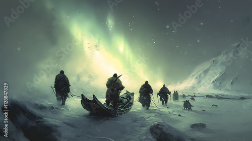 Experience the Inupiat Winter Hunting Tradition Amidst Breathtaking Northern Lights and a Beautiful Icy Landscape photo