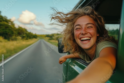 A joyful young woman leans out of a car window, enjoying a carefree road trip on a sunny day, with her hair flowing in the wind. photo