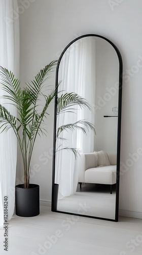 Interior of a modern apartment, mirror and plant. photo