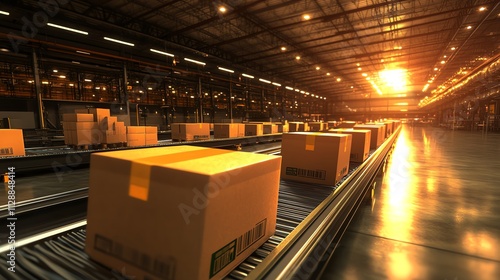 Conveyor belt carrying returned goods focus on reverse supply chain realistic Composite with recycling signs