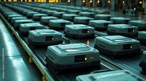 Rows of labeled boxes waiting for dispatch selective focus organized distribution futuristic Double exposure in a hightech facility photo