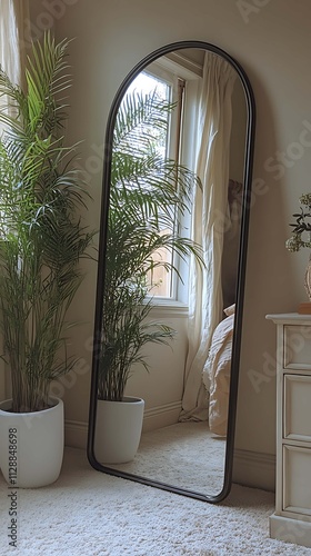 Interior of a modern apartment, mirror and plant. photo