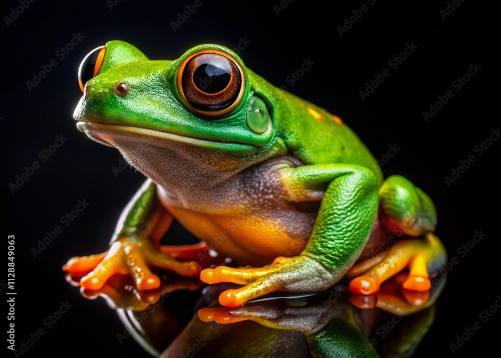 Close-Up of a Vibrant Green Tree Frog Resting on a Black Background, Showcasing Its Detailed Features and Textures in Macro Photography Close-Up of a Vibrant Green Tree Frog Resting on a Black Background, Showcasing Its Detailed Features and Textures in Macro Photography