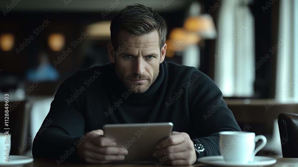 Employee reviewing benefits on a tablet copy space personalized service ethereal Overlay with corporate branding Employee reviewing benefits on a tablet copy space personalized service ethereal Overlay with corporate branding