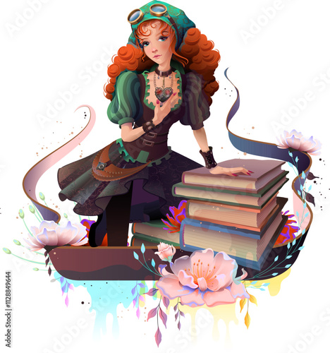 Young woman girl in steampunk dress and stack of books. Vector cartoon illustration isolated on white