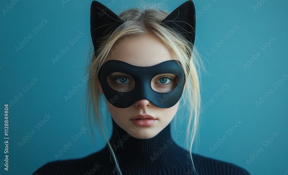 Mysterious woman wearing a black cat mask against blue background Mysterious woman wearing a black cat mask against blue background