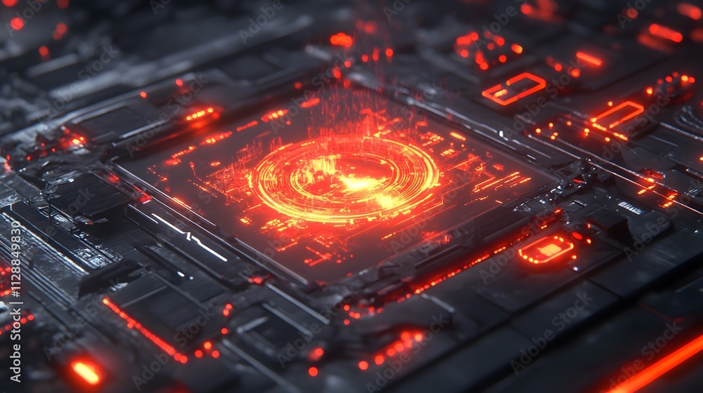 Glowing red circuit board core. Glowing red circuit board core.