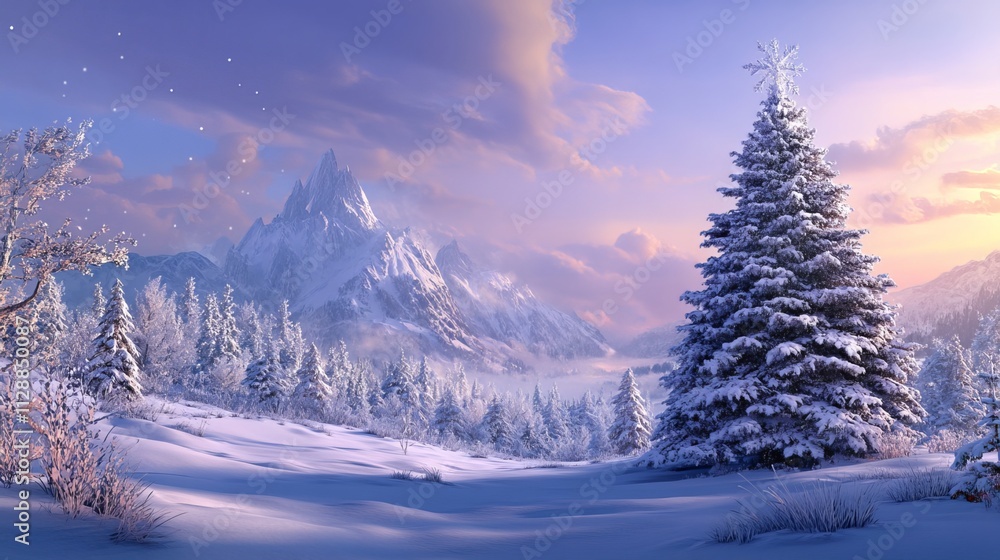 A scenic winter landscape portrays a majestic Christmas tree blanketed in snow, standing tall against the backdrop of a picturesque winter wonderland A scenic winter landscape portrays a majestic Christmas tree blanketed in snow, standing tall against the backdrop of a picturesque winter wonderland