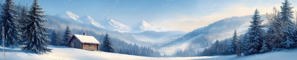 Obraz premium Winter Village banner with Snowfall, European Style Architecture on a Mountainous Backdrop for Real Estate or Travel Promotions
