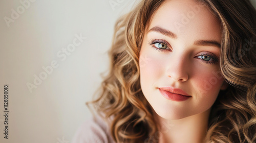 Soft focus portrait of a woman showcasing glowing makeup and tousled mocha mousse hair