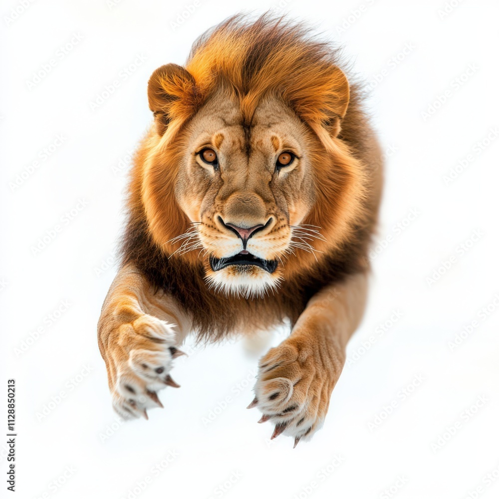 A majestic lion leaps forward, showcasing its strength and grace against a light background. Perfect for wildlife themes. A majestic lion leaps forward, showcasing its strength and grace against a light background. Perfect for wildlife themes.