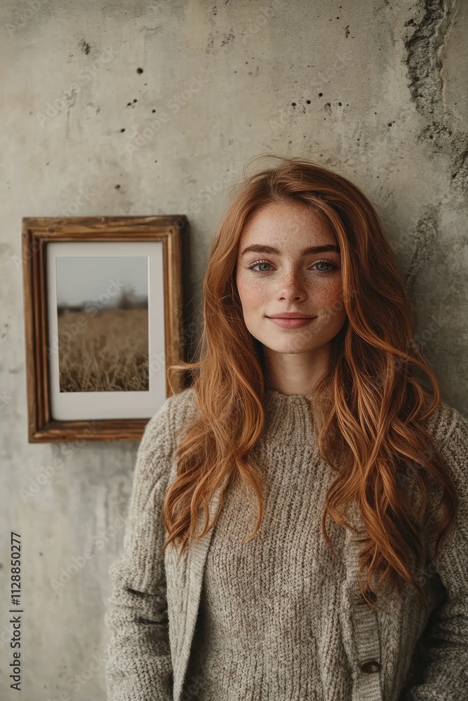 Fototapeta premium Portrait of a young woman with red hair standing by a concrete wall