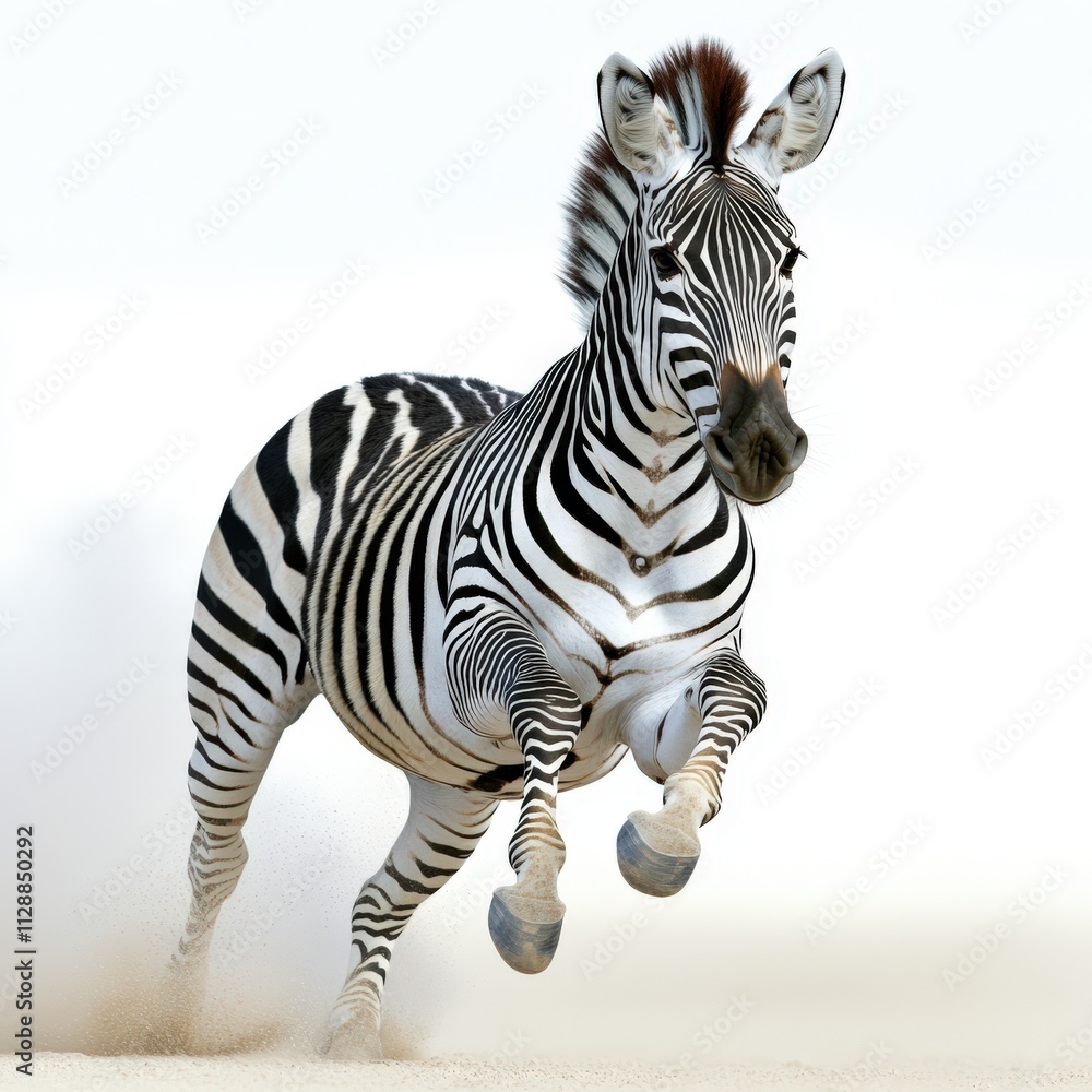 Fototapeta premium A majestic zebra galloping gracefully across an open landscape, showcasing its distinct black and white stripes in motion.