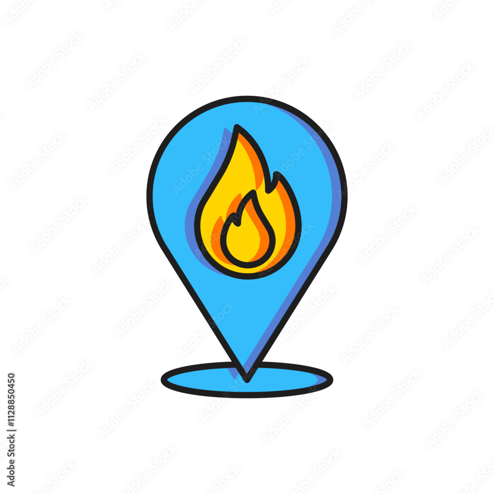 Color Map pointer with fire flame icon isolated on white background. Fire nearby. Flat filled outline style with shadow. Vector Color Map pointer with fire flame icon isolated on white background. Fire nearby. Flat filled outline style with shadow. Vector