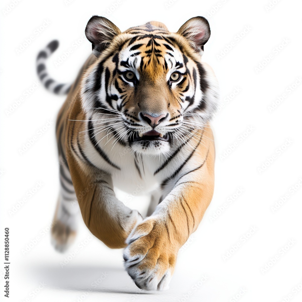 Majestic tiger running forward, showcasing its strength and grace against a white background, embodying wild beauty and power. Majestic tiger running forward, showcasing its strength and grace against a white background, embodying wild beauty and power.