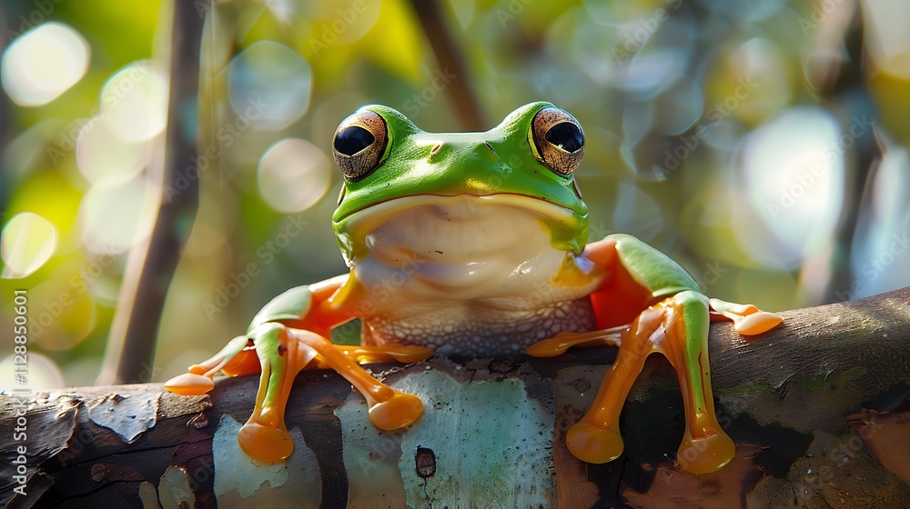 Fototapeta premium A frog is in a tree on a limb with an unclear backdrop
