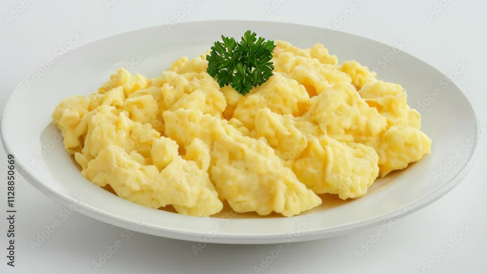 Fluffy scrambled eggs served on a white plate placed on a white table Fluffy scrambled eggs served on a white plate placed on a white table