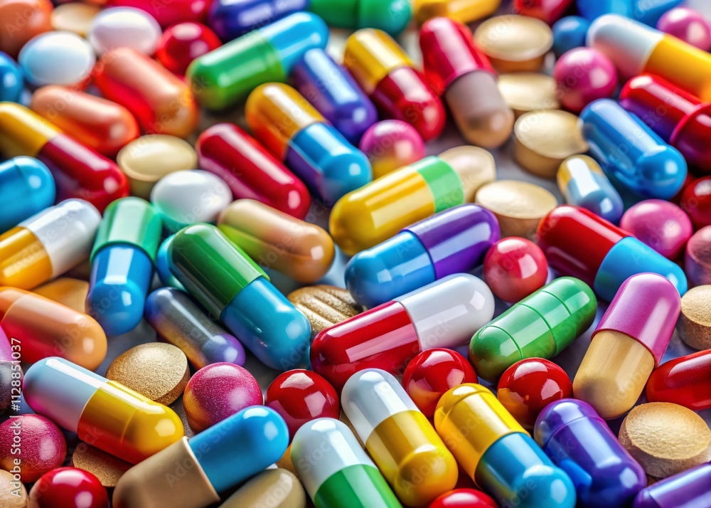 Closeup of Colorful Medication Pills in a Well-Organized Arrangement Highlighting Healthcare and Pharmaceuticals Concepts for Medical Use and Awareness Closeup of Colorful Medication Pills in a Well-Organized Arrangement Highlighting Healthcare and Pharmaceuticals Concepts for Medical Use and Awareness