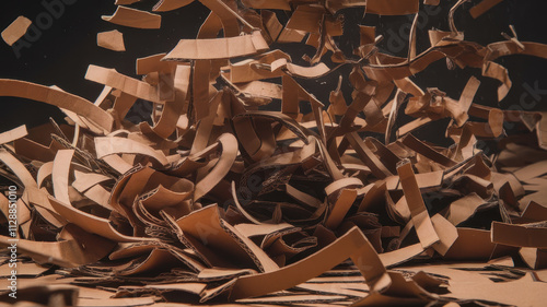 An abstract composition featuring a dynamic explosion of brown cardboard pieces against a dark background, creating a sense of movement and chaos. photo