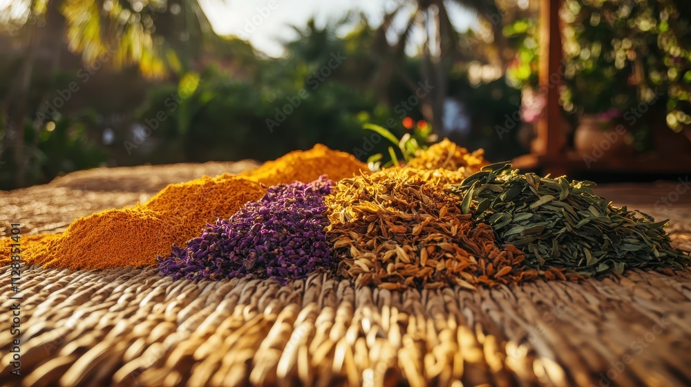 Fototapeta premium Vibrant Spices on Rustic Mat: A Golden Hour Still Life