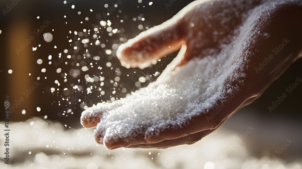 Fototapeta premium A close-up of a hand scooping up a handful of soft powder snow with flakes sparkling in sunlight.