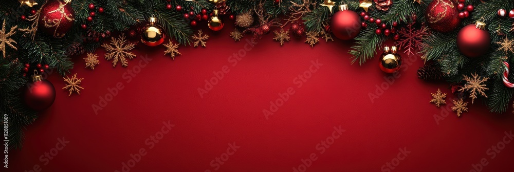 Christmas Tree Decorated with Lights and Ornaments, Red against Green Evergreens for Advertising or Event Planning
