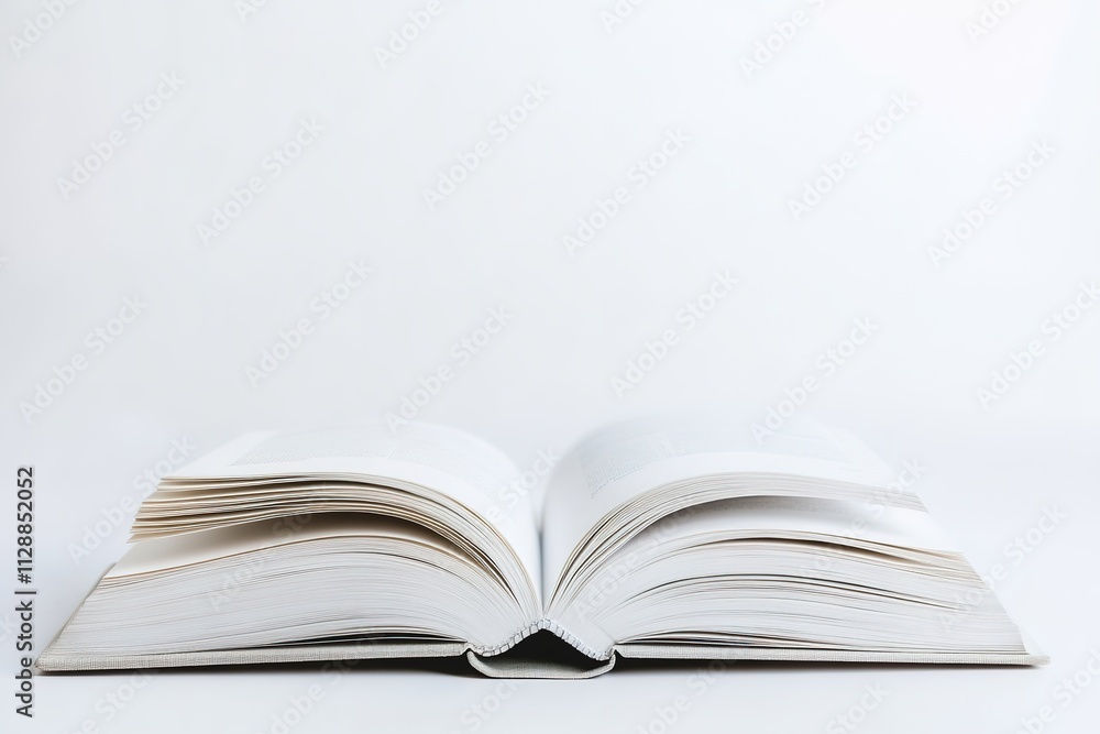 Open book on white background, minimalistic design, ample copy space Open book on white background, minimalistic design, ample copy space